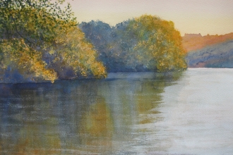 Painting of a lake in evening light