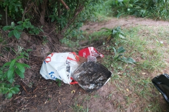 Disposable barbecue and plastic bags of litter in vegetation