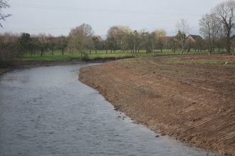 River with bare earth bank to the right and an orchard in the distance