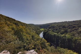 View of river from above with woodland covering hills each side