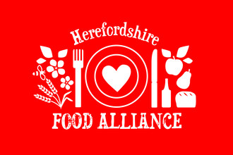 White Herefordshire Food Alliance logo on red background