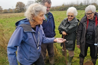 Four people stood in a field, one lady holding out her hand and the others looking on