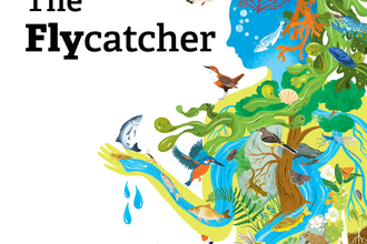 Cover of The Flycatcher journal with illustration of river wildlife creating outline of a woman