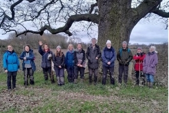 A row of people in outdoor clothing stood outdoors in front of a large tree trunk