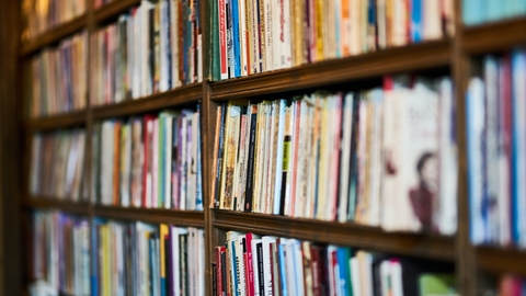 Close up of wooden bookshelves filled with books