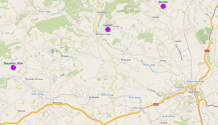 Map showing roads with coloured dots at specific locations