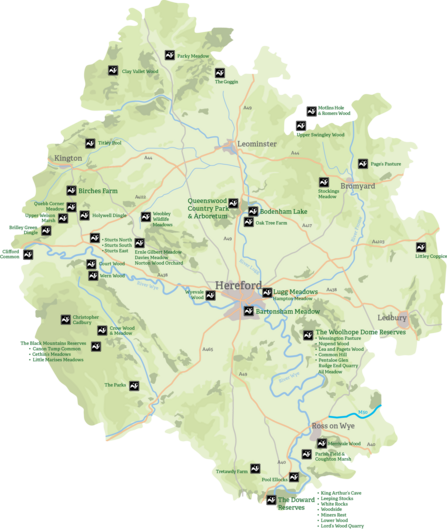 Map of Herefordshire with all nature reserves labelled